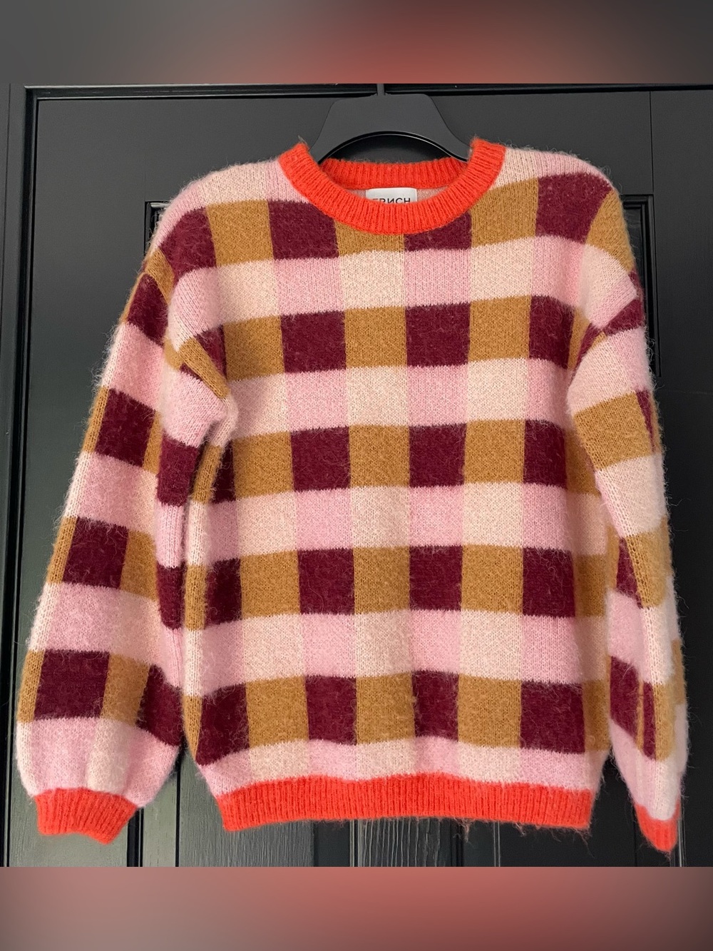 FRNCH Checkerboard Crewneck Sweater in Pink, Burgundy & Mustard with Orange Trim